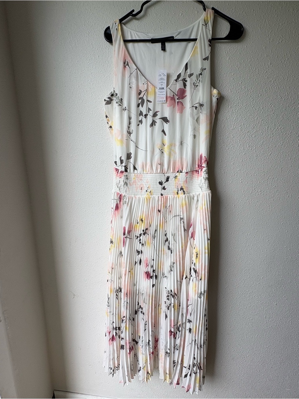 White House Black Market White Floral Pleated Midi Dress